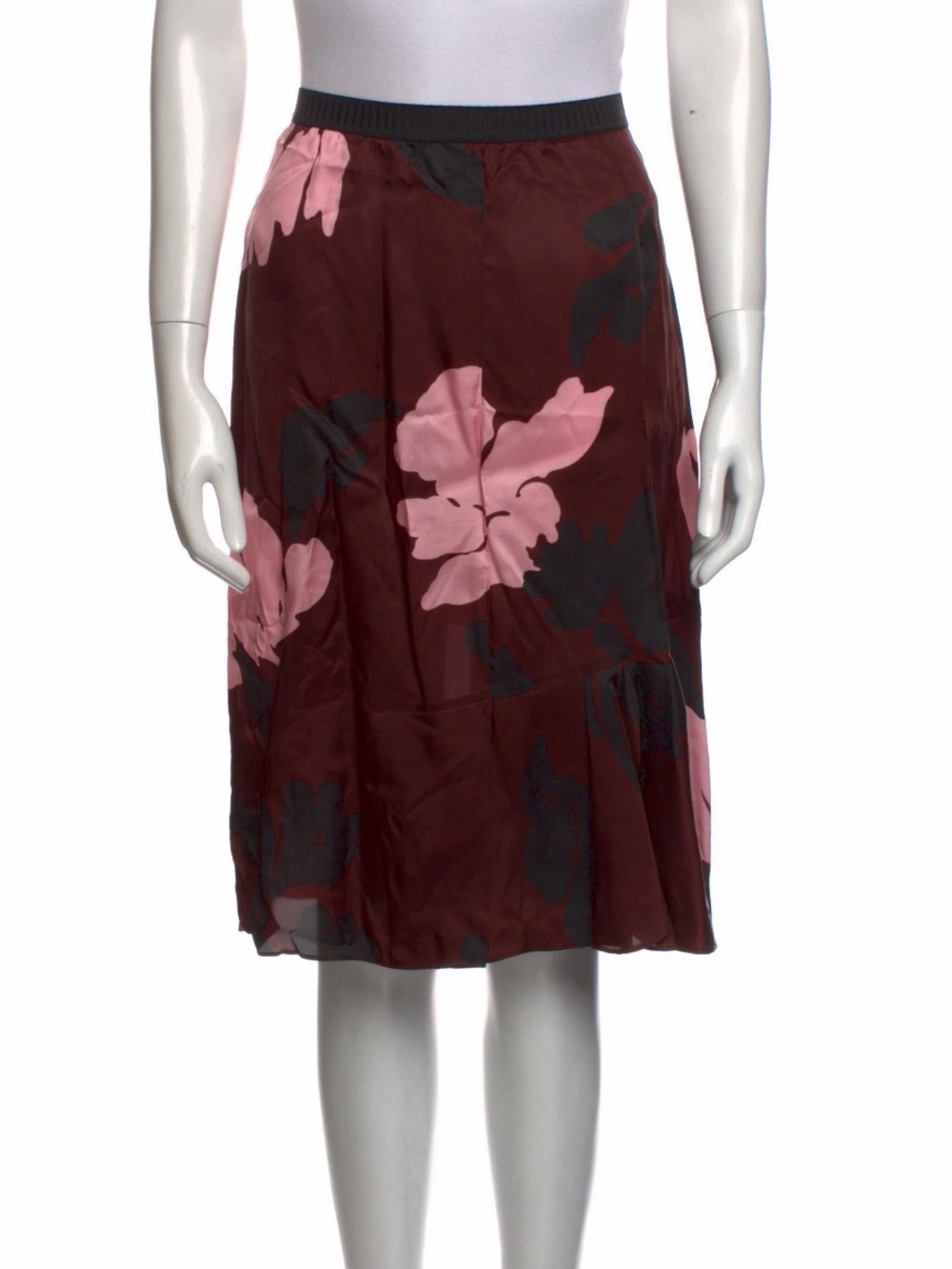 Marni Burgundy Satin Knee Length Skirt with Pink and Black Floral Print